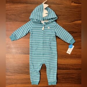 🔴4/$20🔴 Carter's Baby Blu Striped Hooded Dinosaur Zip-up Bodysuit size 12m